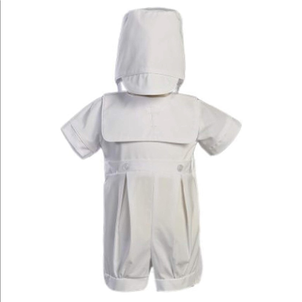 NWOT Poly Cotton Christening Baptism Bib Collared Cross Embroidered Romper Set.